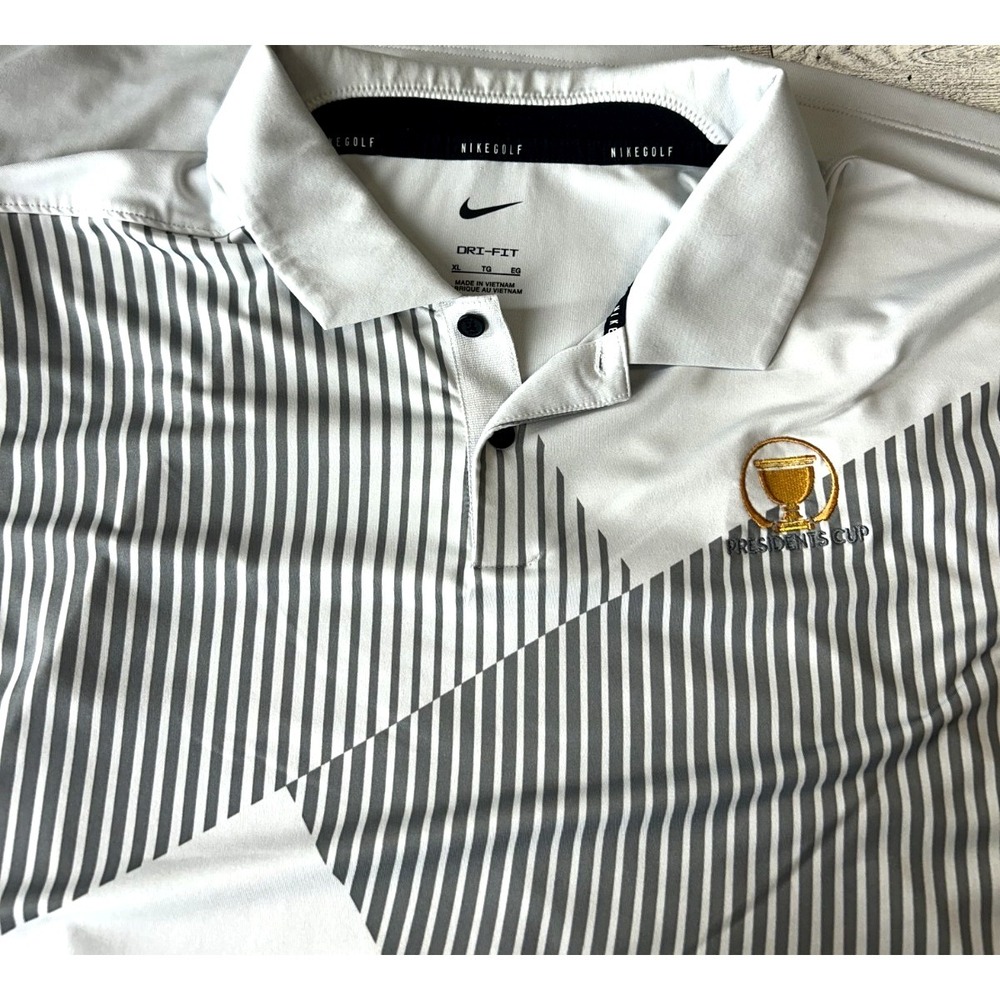 Nike Dri-FIT Polo Shirt Mens XL Gray Striped Short‎ Sleeve Golf Presidents Cup